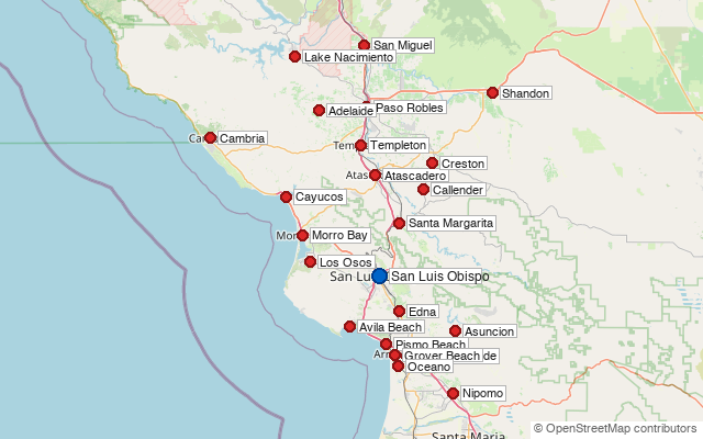 Map of OnSpot Locksmith service areas across San Luis Obispo County
